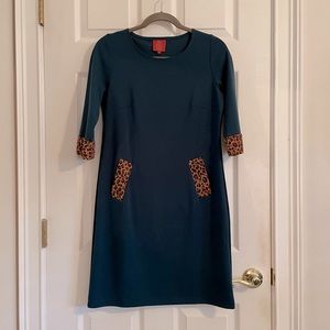 Tracy Negoshian dress teal with animal print accents